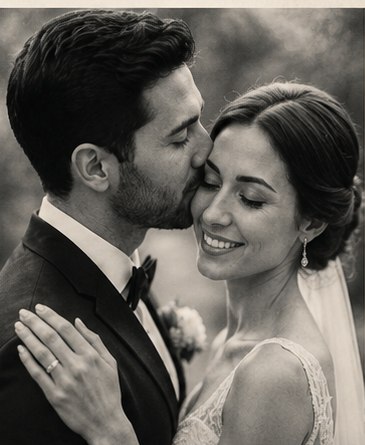 Elif ve Emre birlikte gülerken çekilmiş siyah-beyaz fotoğraf