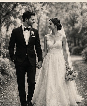 Elif ve Emre el ele bahçede yürürken çekilmiş siyah-beyaz düğün fotoğrafı